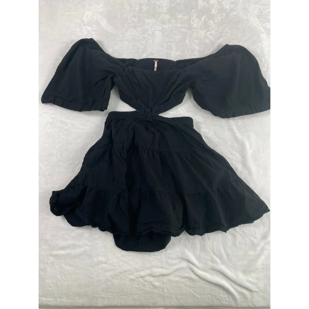 Free People Cross Of Sunlight Mini Dress Sz XS Black Cut Out Linen Blend Summer